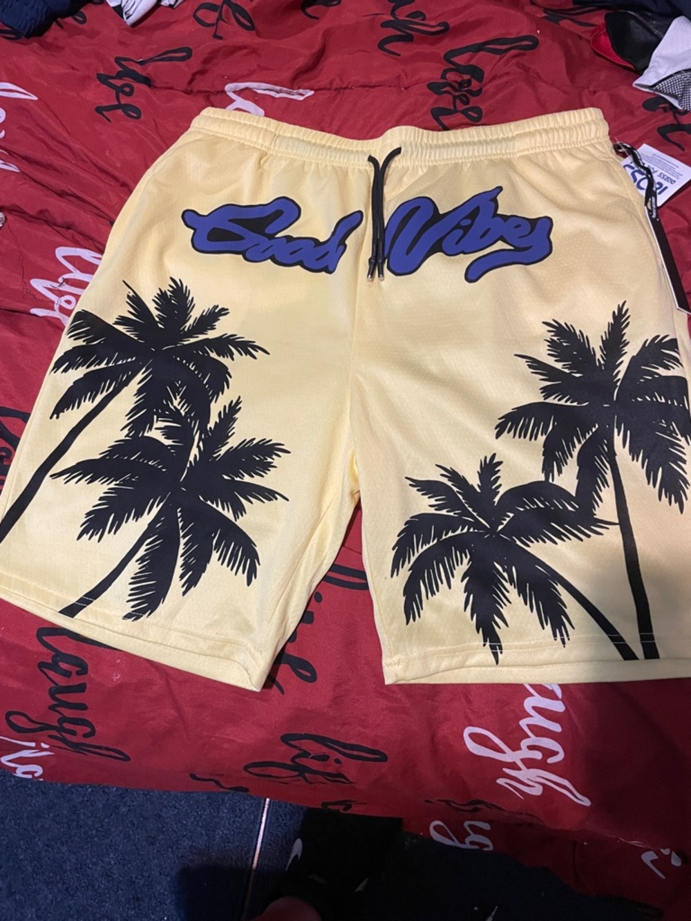 Men's Yellow Palm-Print Athletic Shorts with Black Trim